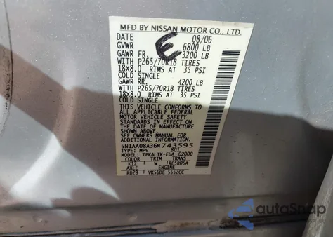 2006 Nissan Armada Se from USA, damaged, VIN 5N1AA08A36N743595
